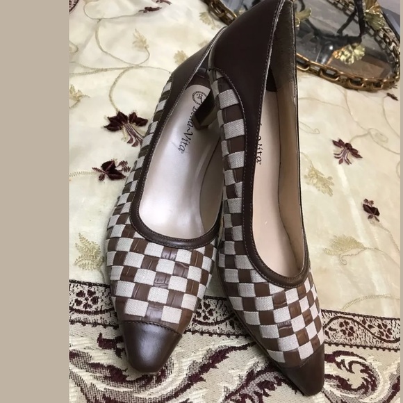 Bella Vita Women's Size 8.5 Chess Check Brown White Kitten Heel Pump 0 Bella Vita Women's Size 8.5 Chess Check Brown White Kitten Heel Pump 0